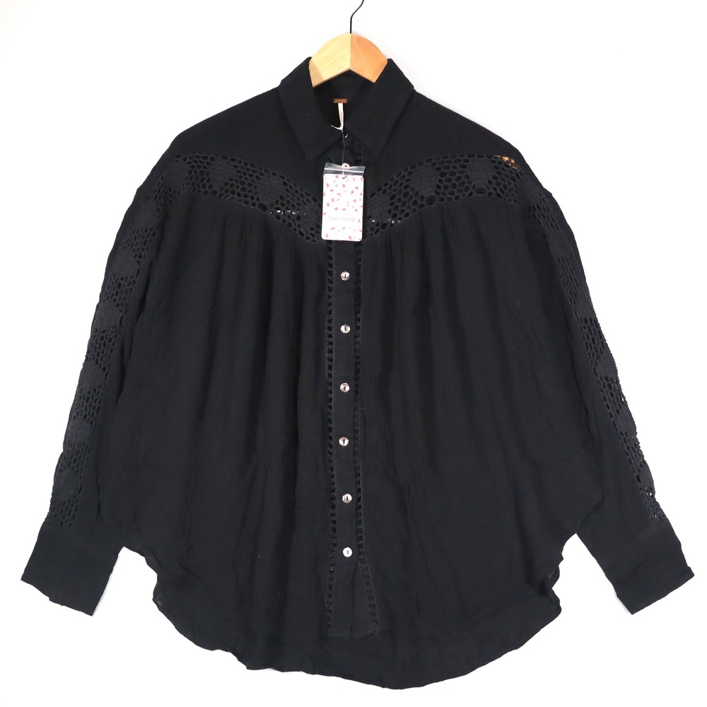 Free People Button Down Top Womens XS Black Boho Crochet Lace Long Sleeve Casual